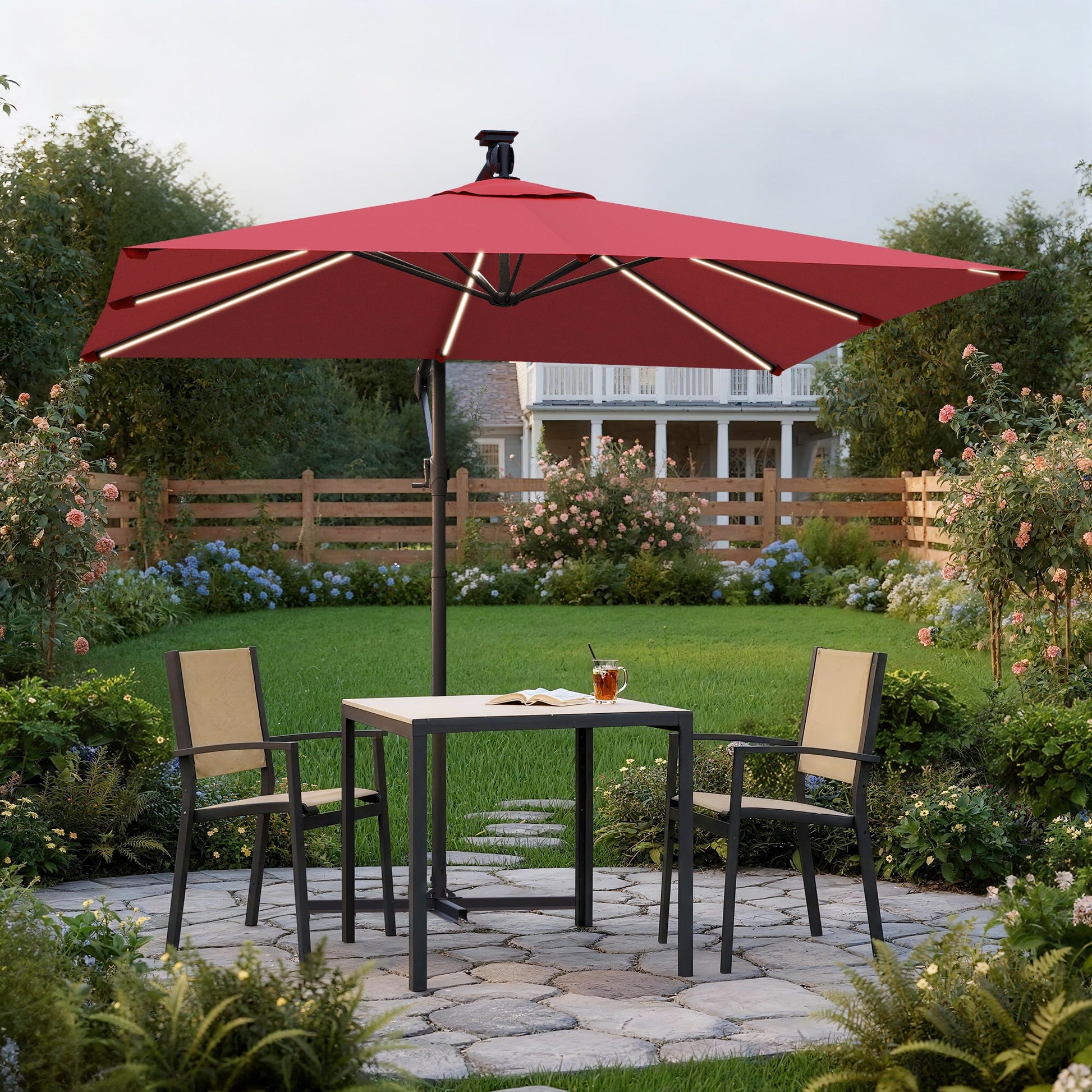 Sonkuki 8.2ft Solar LED Patio Offset Umbrella with 8 Light Strips, Safety Lock & Raised Base Pole for Stability, Foldable Crank, Cantilever Patio Hanging Umbrella - Sonkuki