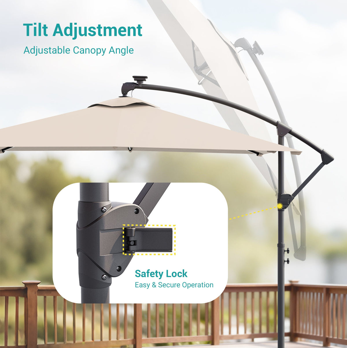 Sonkuki 8.2ft Solar LED Patio Offset Umbrella with 8 Light Strips, Safety Lock & Raised Base Pole for Stability, Foldable Crank, Cantilever Patio Hanging Umbrella - Sonkuki