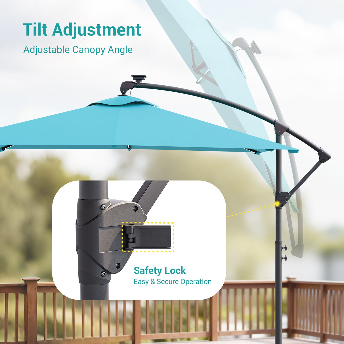 Sonkuki 8.2ft Solar LED Patio Offset Umbrella with 8 Light Strips, Safety Lock & Raised Base Pole for Stability, Foldable Crank, Cantilever Patio Hanging Umbrella - Sonkuki