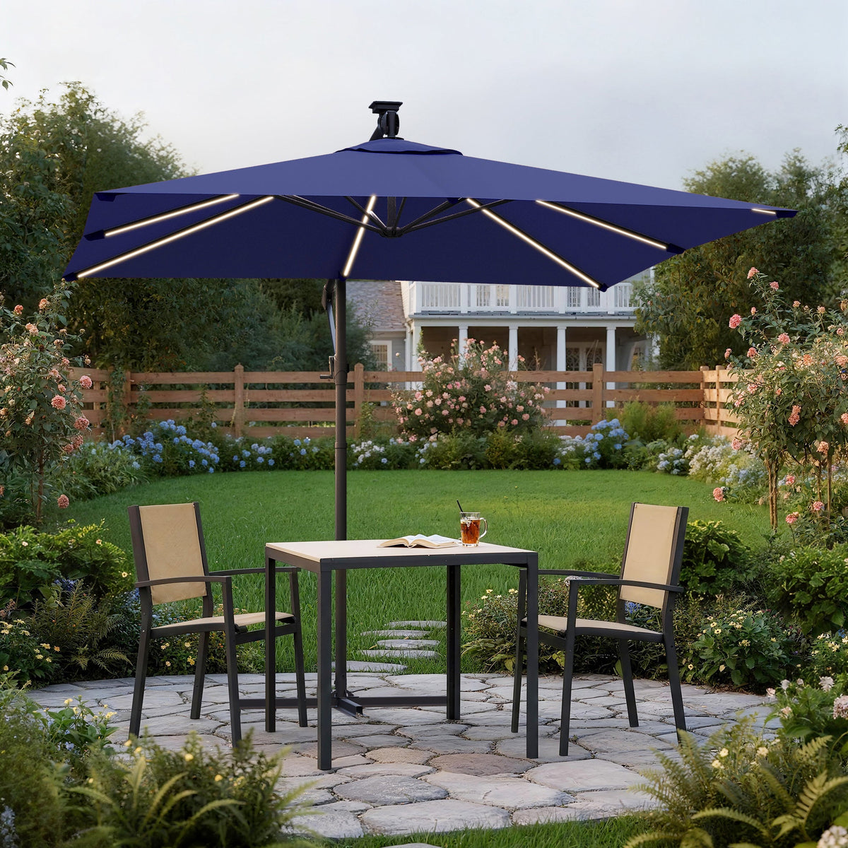 Sonkuki 8.2ft Solar LED Patio Offset Umbrella with 8 Light Strips, Safety Lock & Raised Base Pole for Stability, Foldable Crank, Cantilever Patio Hanging Umbrella - Sonkuki