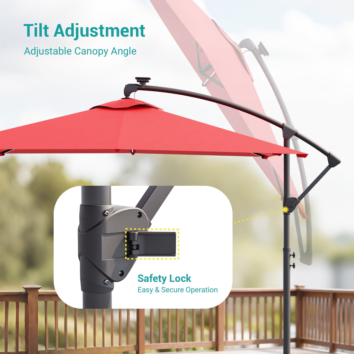 Sonkuki 8.2ft Solar LED Patio Offset Umbrella with 8 Light Strips, Safety Lock & Raised Base Pole for Stability, Foldable Crank, Cantilever Patio Hanging Umbrella - Sonkuki