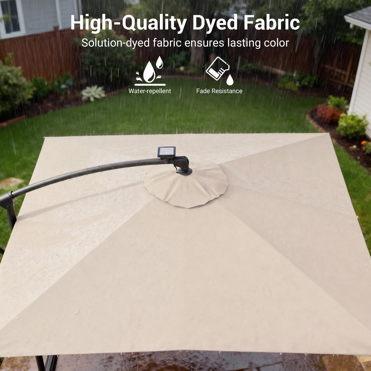 Sonkuki 8.2ft Solar LED Patio Offset Umbrella with 8 Light Strips, Safety Lock & Raised Base Pole for Stability, Foldable Crank, Cantilever Patio Hanging Umbrella - Sonkuki