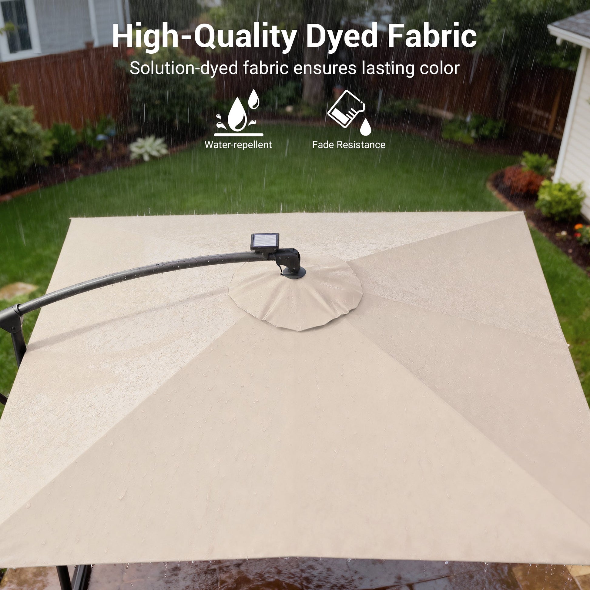 Sonkuki 8.2ft Solar LED Patio Offset Umbrella with 8 Light Strips, Safety Lock & Raised Base Pole for Stability, Foldable Crank, Cantilever Patio Hanging Umbrella - Sonkuki