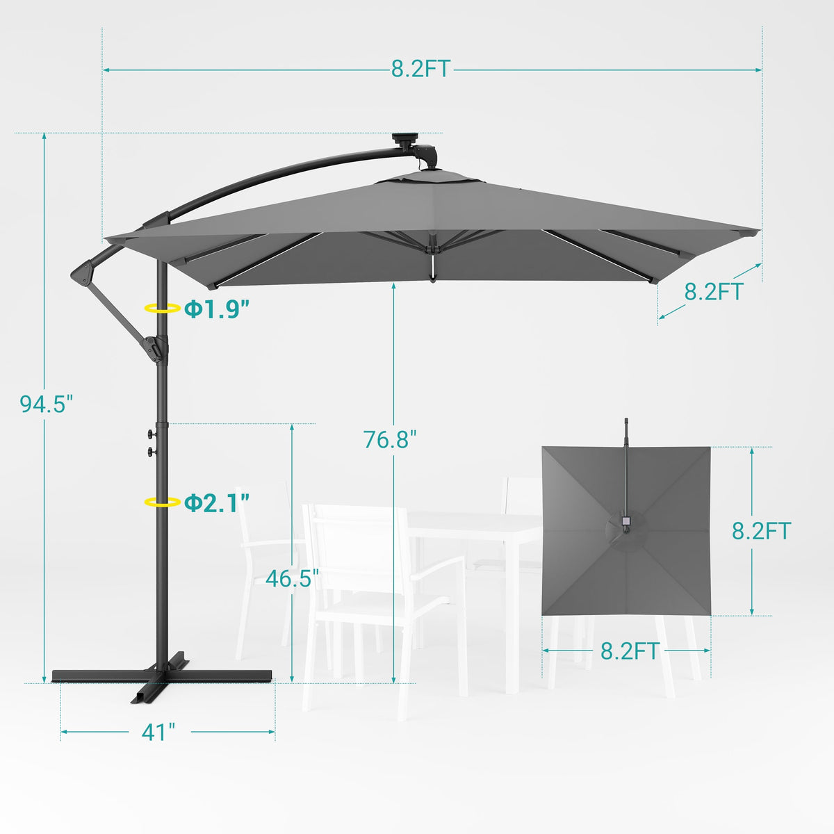 Sonkuki 8.2ft Solar LED Patio Offset Umbrella with 8 Light Strips, Safety Lock & Raised Base Pole for Stability, Foldable Crank, Cantilever Patio Hanging Umbrella - Sonkuki