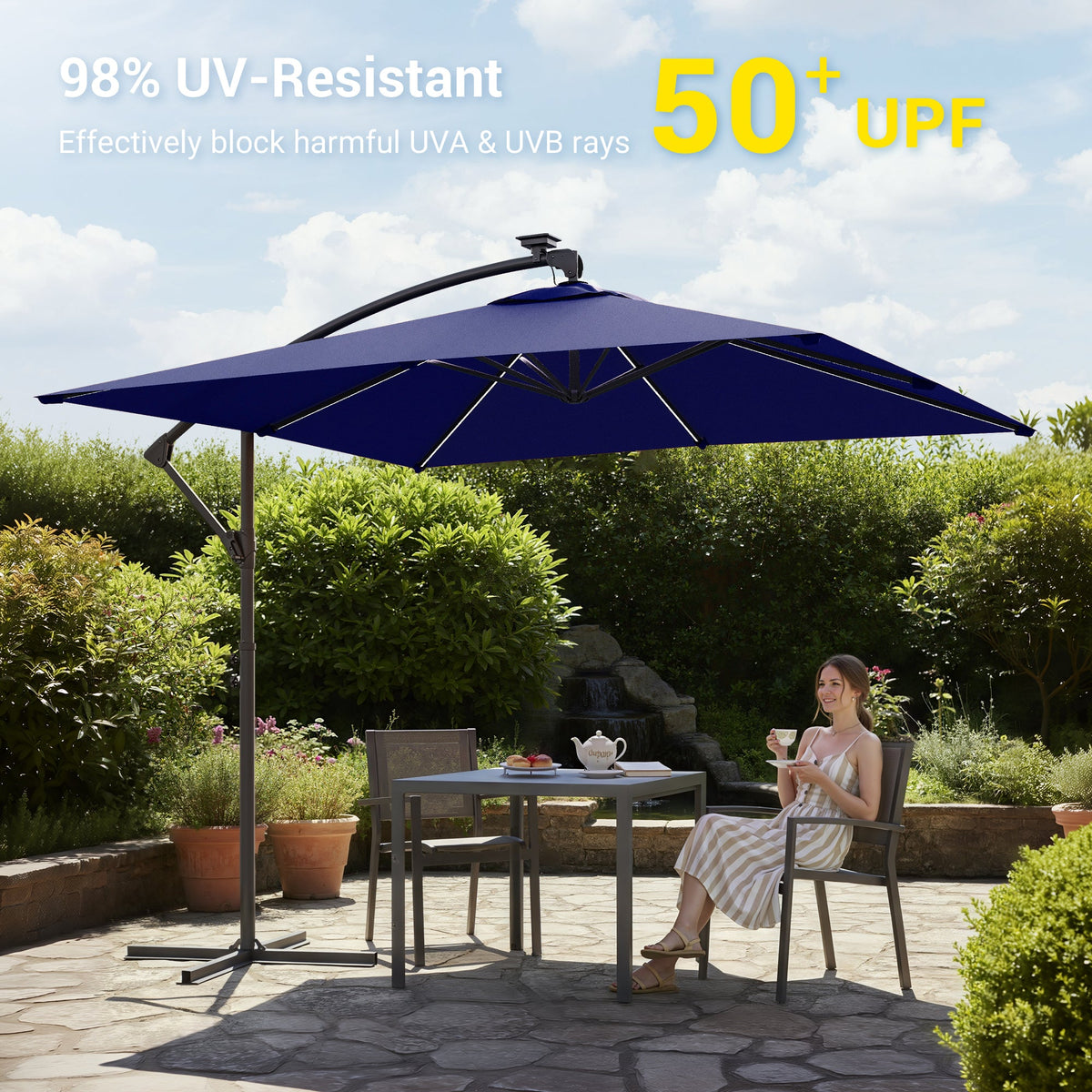 Sonkuki 8.2ft Solar LED Patio Offset Umbrella with 8 Light Strips, Safety Lock & Raised Base Pole for Stability, Foldable Crank, Cantilever Patio Hanging Umbrella - Sonkuki