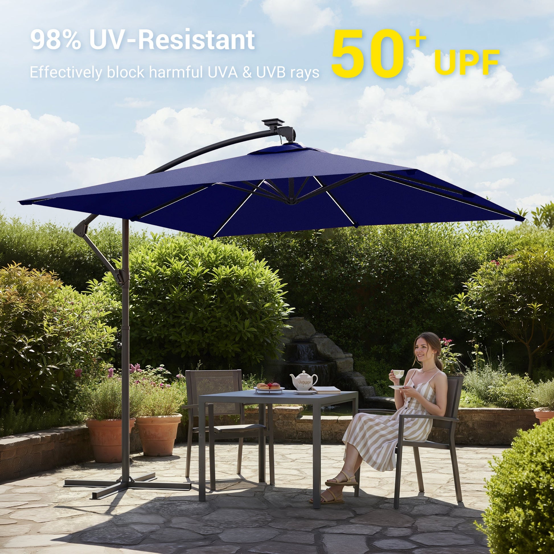 Sonkuki 8.2ft Solar LED Patio Offset Umbrella with 8 Light Strips, Safety Lock & Raised Base Pole for Stability, Foldable Crank, Cantilever Patio Hanging Umbrella - Sonkuki