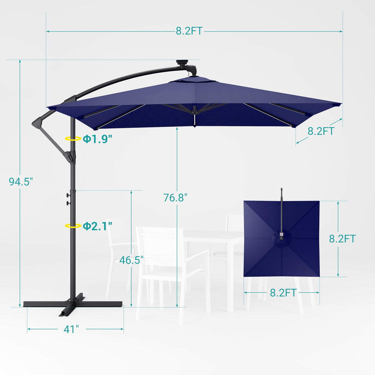 Sonkuki 8.2ft Solar LED Patio Offset Umbrella with 8 Light Strips, Safety Lock & Raised Base Pole for Stability, Foldable Crank, Cantilever Patio Hanging Umbrella - Sonkuki