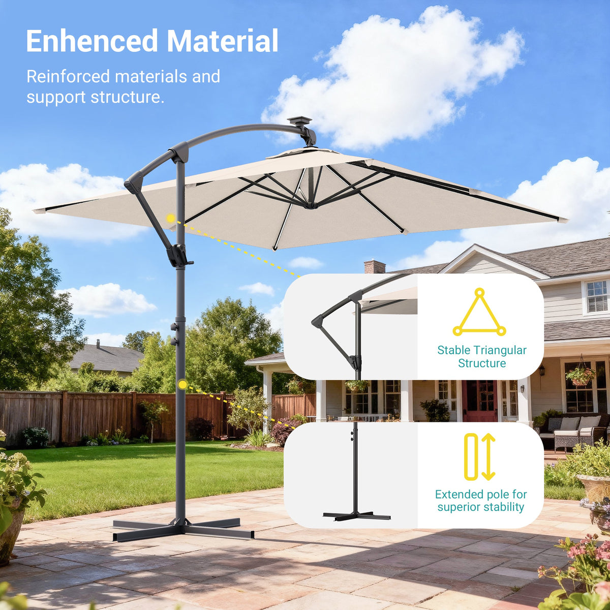 Sonkuki 8.2ft Solar LED Patio Offset Umbrella with 8 Light Strips, Safety Lock & Raised Base Pole for Stability, Foldable Crank, Cantilever Patio Hanging Umbrella - Sonkuki
