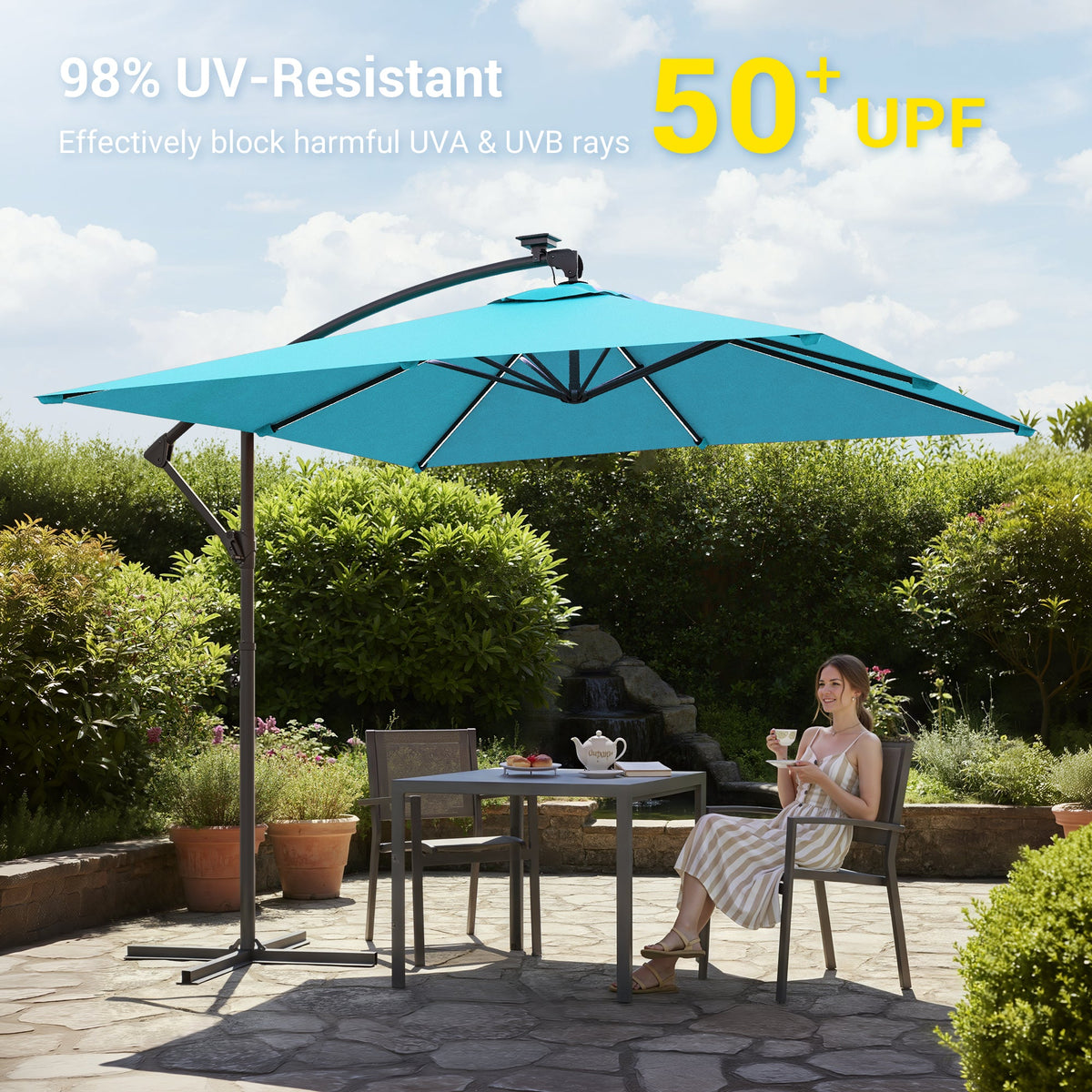 Sonkuki 8.2ft Solar LED Patio Offset Umbrella with 8 Light Strips, Safety Lock & Raised Base Pole for Stability, Foldable Crank, Cantilever Patio Hanging Umbrella - Sonkuki