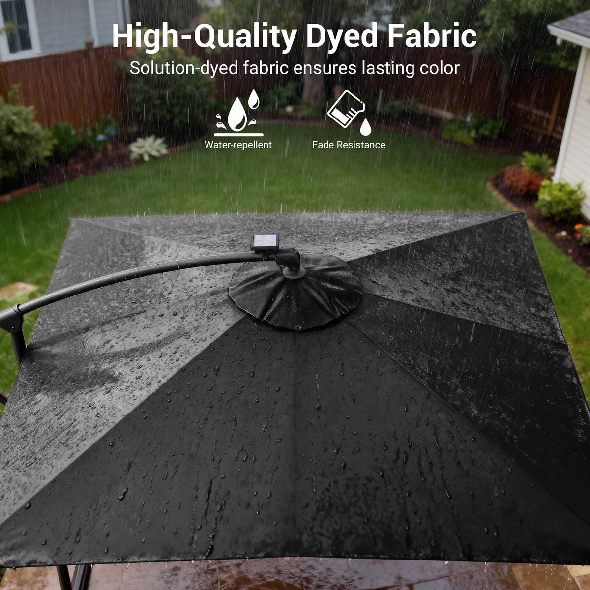 Sonkuki 8.2ft Solar LED Patio Offset Umbrella with 8 Light Strips, Safety Lock & Raised Base Pole for Stability, Foldable Crank, Cantilever Patio Hanging Umbrella - Sonkuki