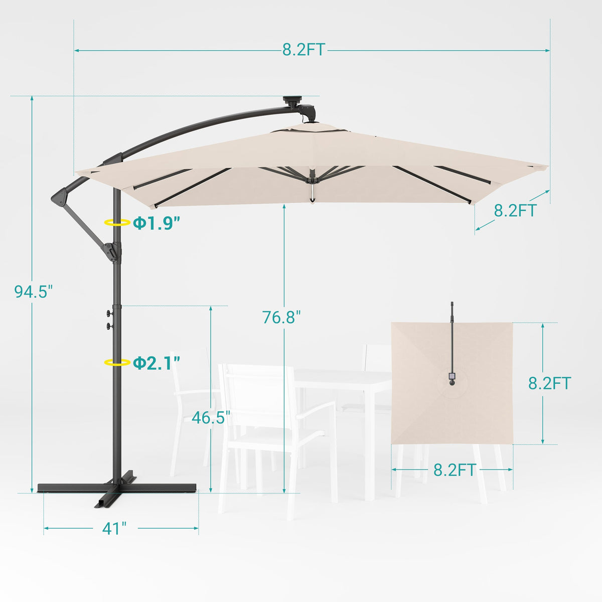 Sonkuki 8.2ft Solar LED Patio Offset Umbrella with 8 Light Strips, Safety Lock & Raised Base Pole for Stability, Foldable Crank, Cantilever Patio Hanging Umbrella - Sonkuki