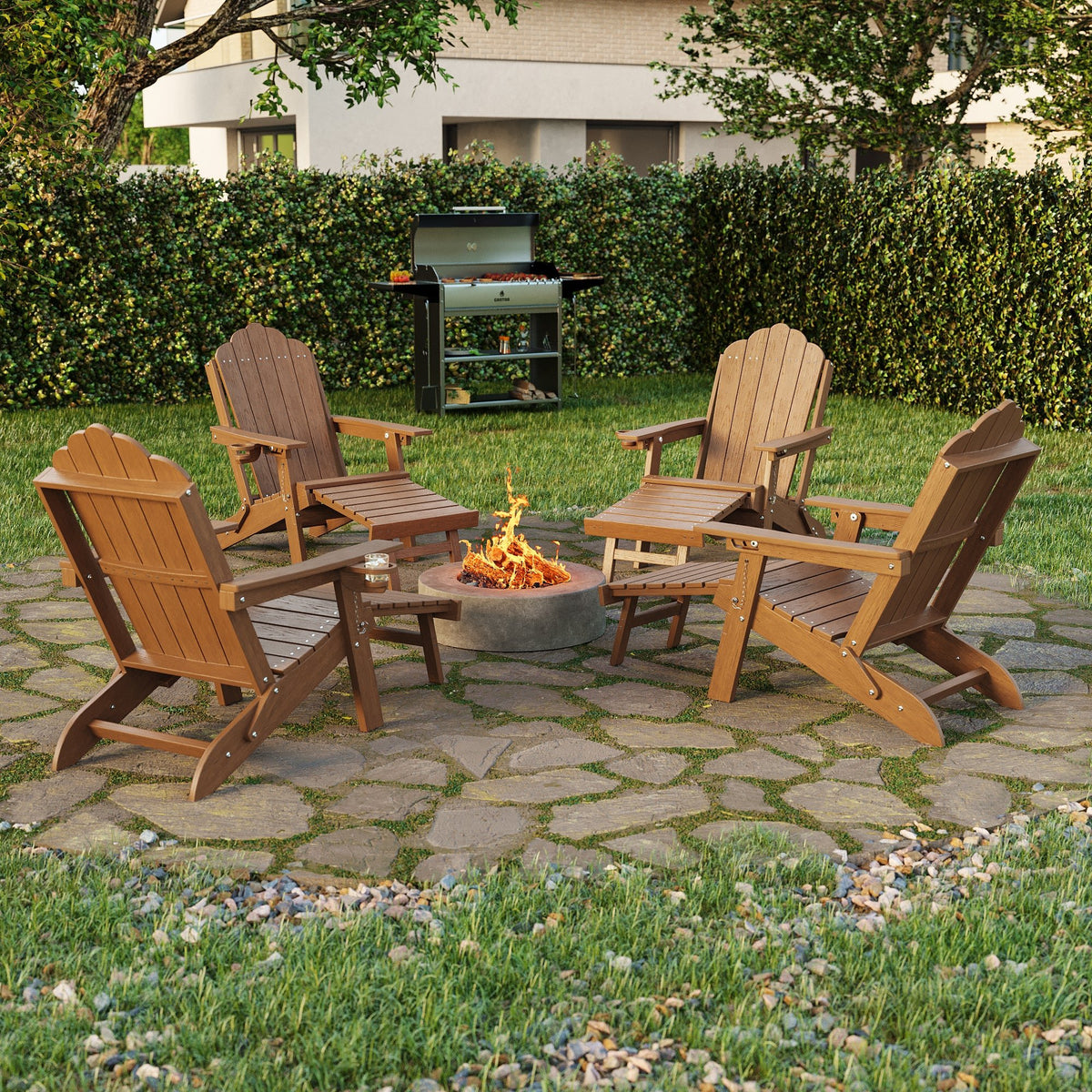 Sonkuki Folding Adirondack Chair with Retractable Ottoman, 3 - Position Adjustable Backrest, Weather Resistant HDPE Patio Chair with Hidden Cup Holder for Lawn, Deck and Garden, 350 lbs Capacity - Sonkuki