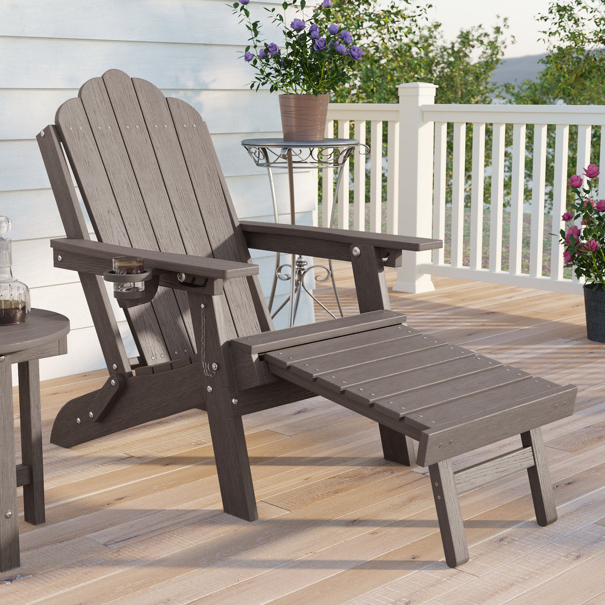 Sonkuki Folding Adirondack Chair with Retractable Ottoman, 3 - Position Adjustable Backrest, Weather Resistant HDPE Patio Chair with Hidden Cup Holder for Lawn, Deck and Garden, 350 lbs Capacity - Sonkuki
