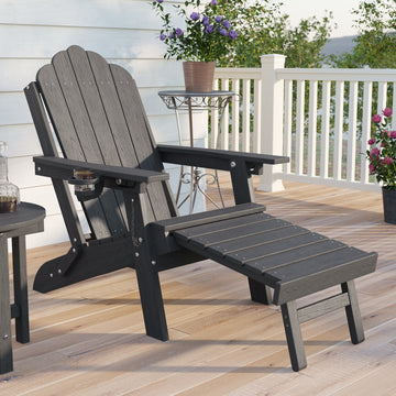 Sonkuki Folding Adirondack Chair with Retractable Ottoman, 3 - Position Adjustable Backrest, Weather Resistant HDPE Patio Chair with Hidden Cup Holder for Lawn, Deck and Garden, 350 lbs Capacity - Sonkuki