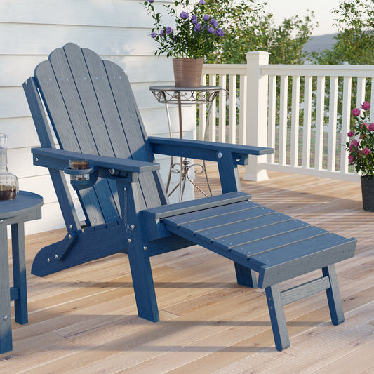 Sonkuki Folding Adirondack Chair with Retractable Ottoman, 3 - Position Adjustable Backrest, Weather Resistant HDPE Patio Chair with Hidden Cup Holder for Lawn, Deck and Garden, 350 lbs Capacity - Sonkuki