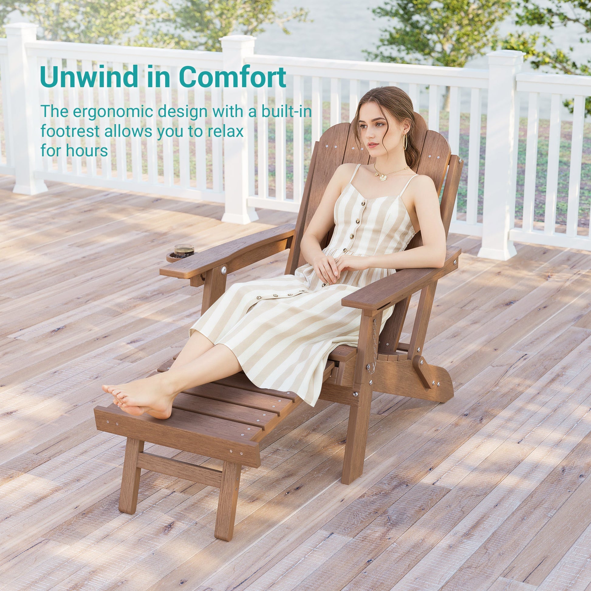 Sonkuki Folding Adirondack Chair with Retractable Ottoman, 3 - Position Adjustable Backrest, Weather Resistant HDPE Patio Chair with Hidden Cup Holder for Lawn, Deck and Garden, 350 lbs Capacity - Sonkuki