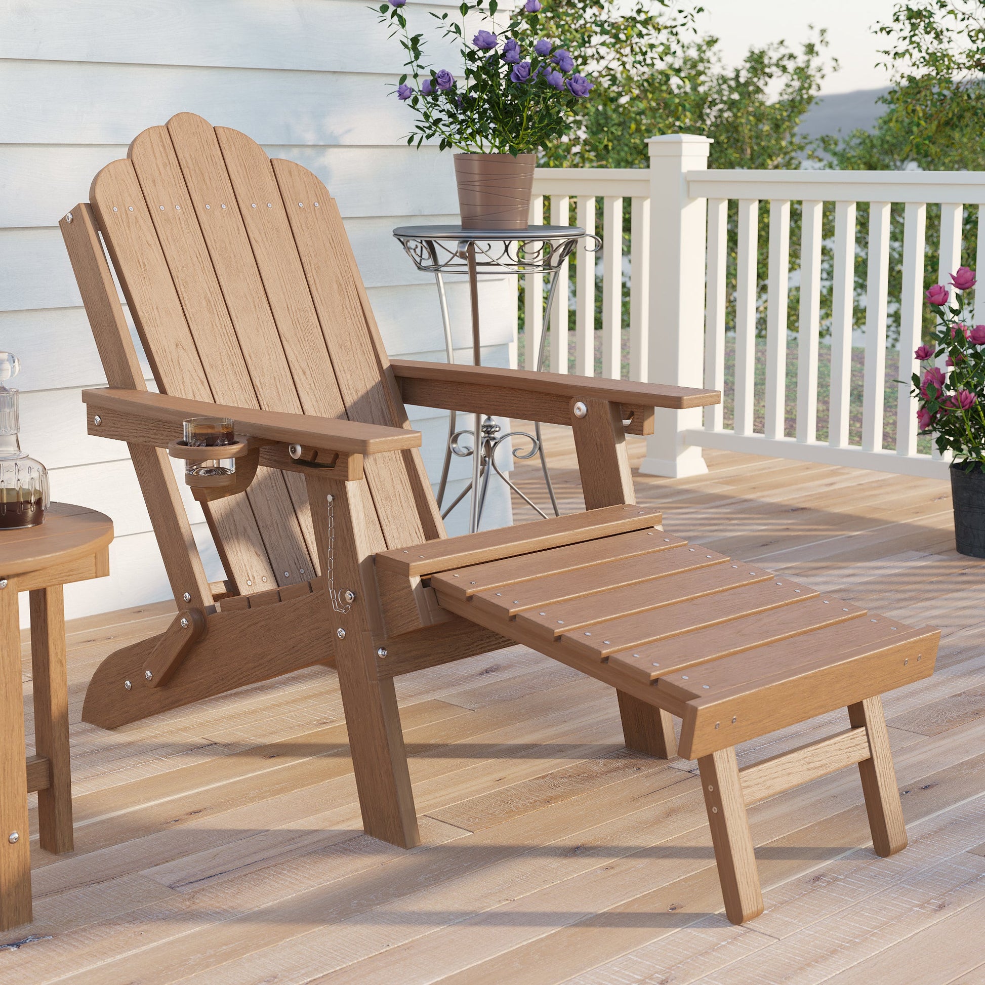 Sonkuki Folding Adirondack Chair with Retractable Ottoman, 3 - Position Adjustable Backrest, Weather Resistant HDPE Patio Chair with Hidden Cup Holder for Lawn, Deck and Garden, 350 lbs Capacity - Sonkuki