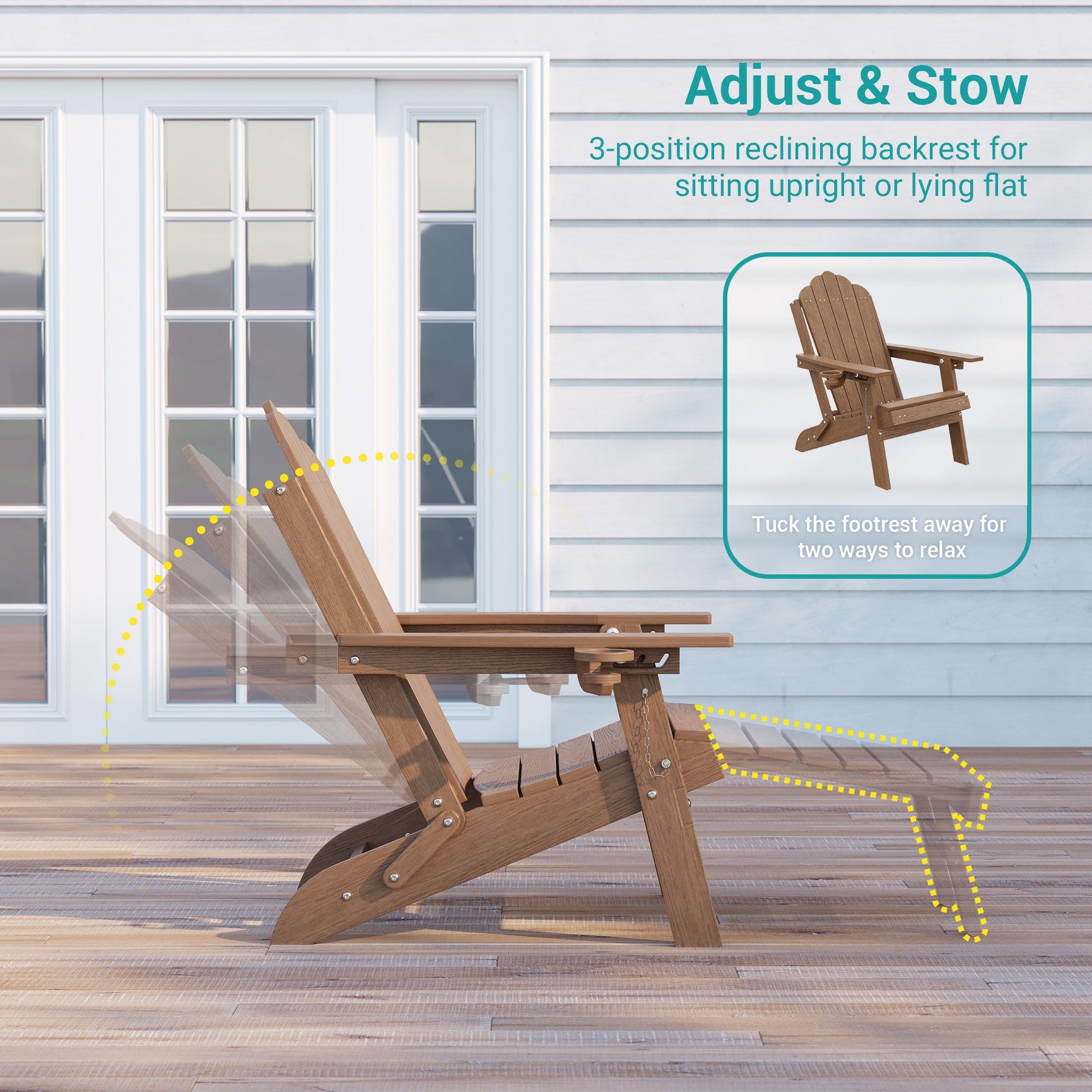 Sonkuki Folding Adirondack Chair with Retractable Ottoman, 3 - Position Adjustable Backrest, Weather Resistant HDPE Patio Chair with Hidden Cup Holder for Lawn, Deck and Garden, 350 lbs Capacity - Sonkuki