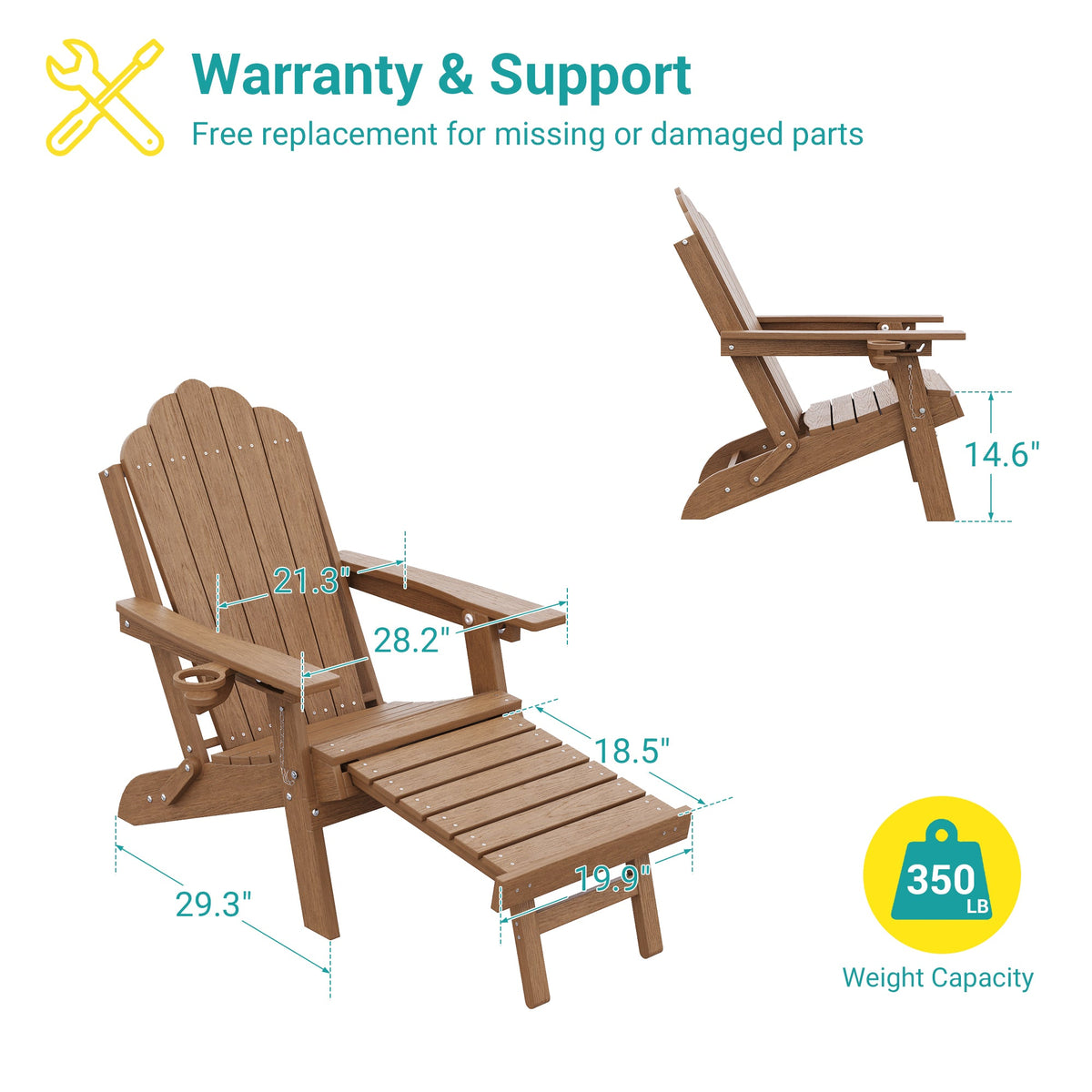 Sonkuki Folding Adirondack Chair with Retractable Ottoman, 3 - Position Adjustable Backrest, Weather Resistant HDPE Patio Chair with Hidden Cup Holder for Lawn, Deck and Garden, 350 lbs Capacity - Sonkuki