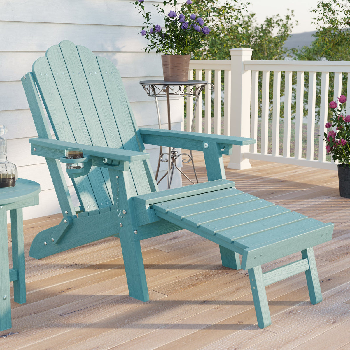 Sonkuki Folding Adirondack Chair with Retractable Ottoman, 3 - Position Adjustable Backrest, Weather Resistant HDPE Patio Chair with Hidden Cup Holder for Lawn, Deck and Garden, 350 lbs Capacity - Sonkuki