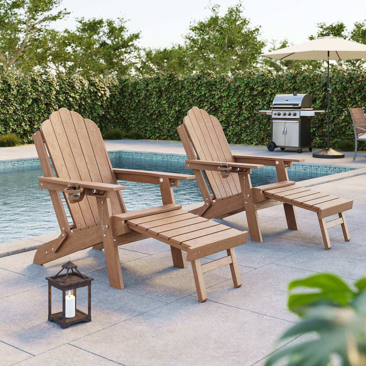 Sonkuki Folding Adirondack Chair with Retractable Ottoman, 3 - Position Adjustable Backrest, Weather Resistant HDPE Patio Chair with Hidden Cup Holder for Lawn, Deck and Garden, 350 lbs Capacity - Sonkuki