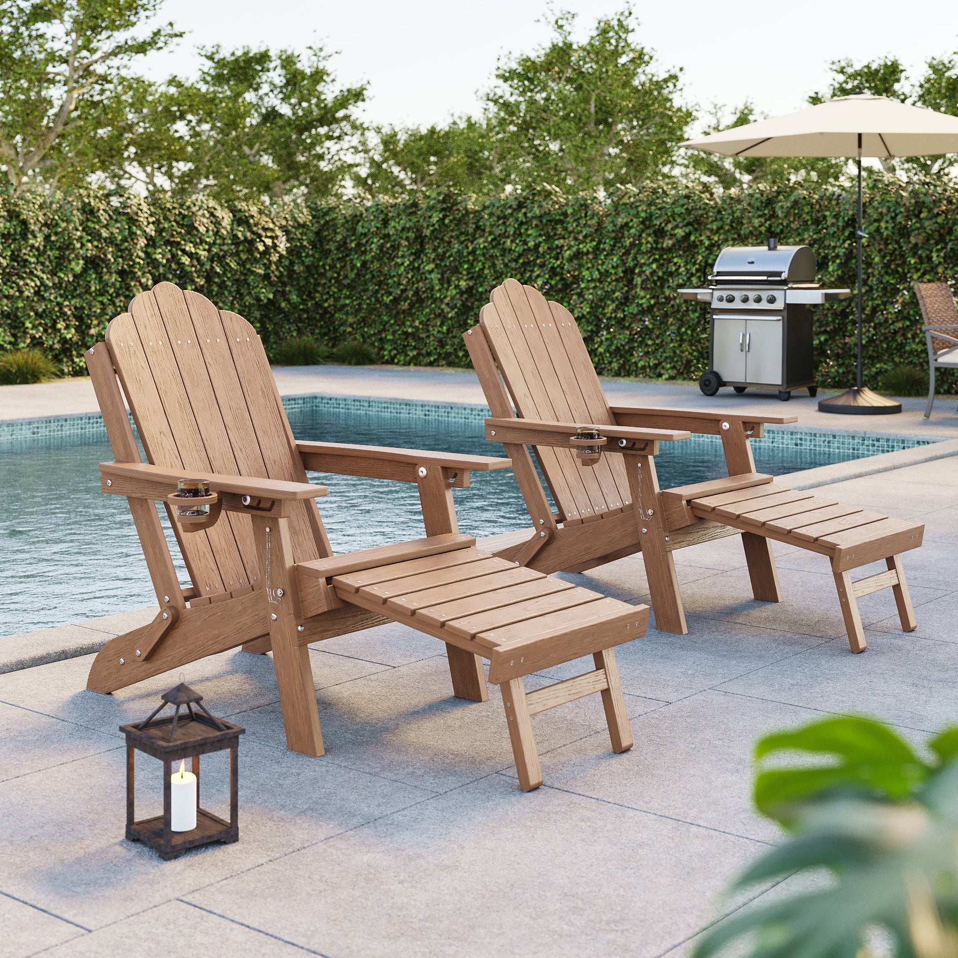 Sonkuki Folding Adirondack Chair with Retractable Ottoman, 3 - Position Adjustable Backrest, Weather Resistant HDPE Patio Chair with Hidden Cup Holder for Lawn, Deck and Garden, 350 lbs Capacity - Sonkuki