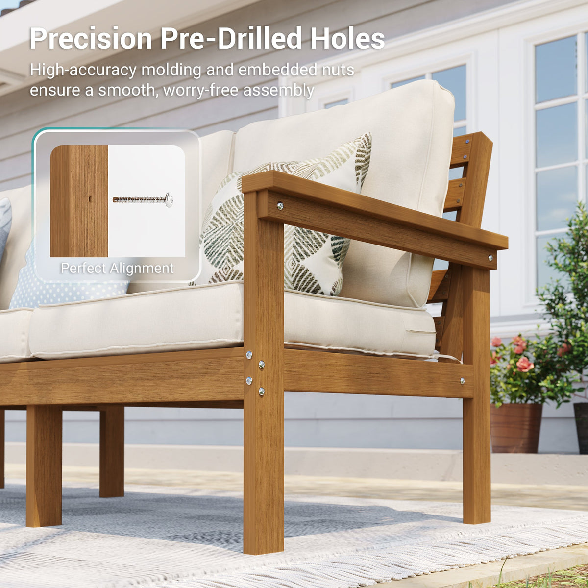 Sonkuki HIPS 5 - Piece Outdoor Sofa Set, All - Weather Patio Furniture Set with 3.9 Inch Thick Detachable Cushions, Wood - Like Outdoor Sectional with Ottoman for Deck, Garden, Lawn - Sonkuki
