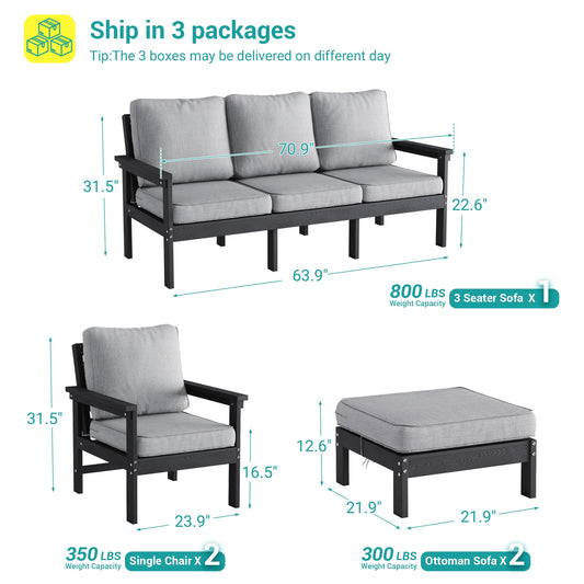 Sonkuki HIPS 5 - Piece Outdoor Sofa Set, All - Weather Patio Furniture Set with 3.9 Inch Thick Detachable Cushions, Wood - Like Outdoor Sectional with Ottoman for Deck, Garden, Lawn - Sonkuki