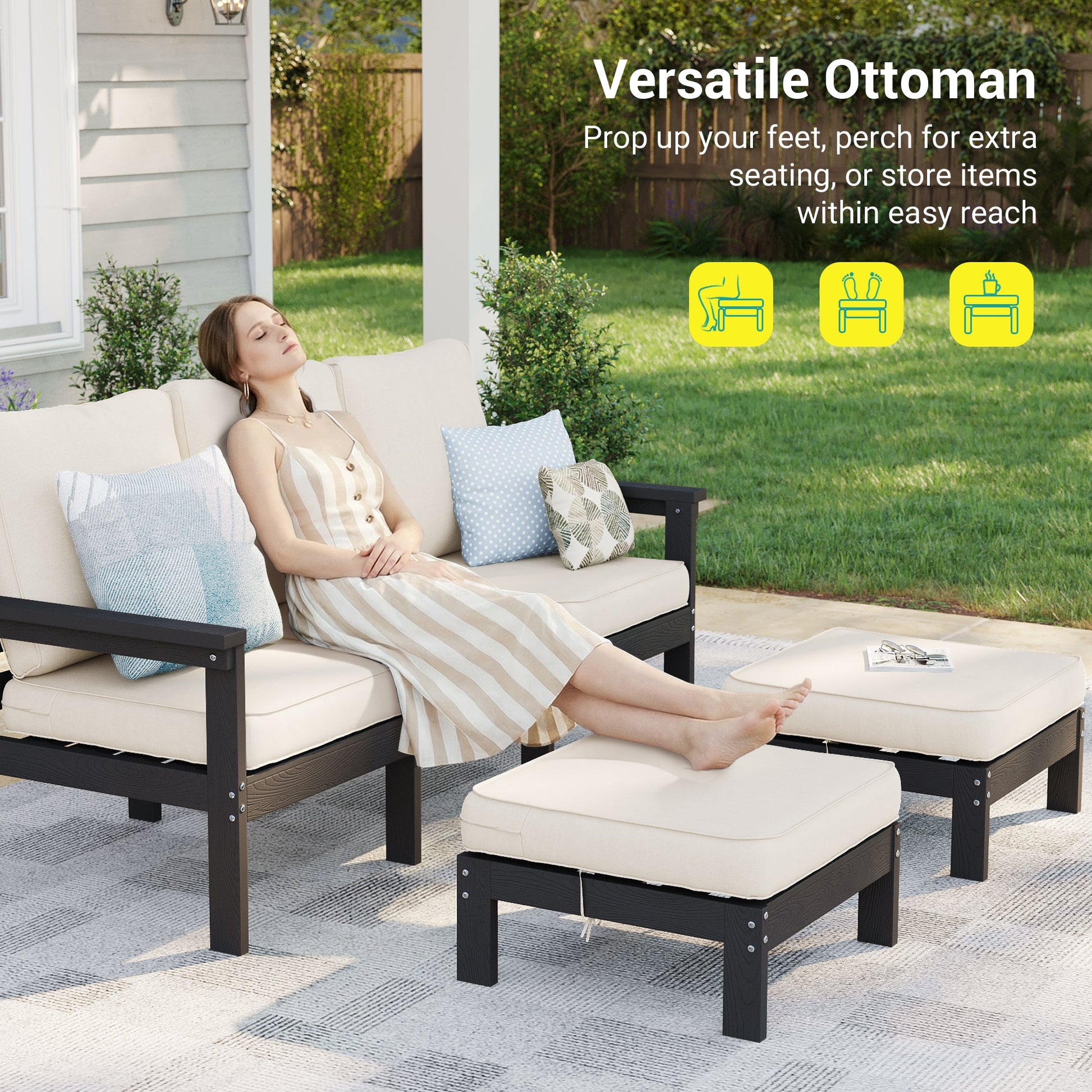 Sonkuki HIPS 5 - Piece Outdoor Sofa Set, All - Weather Patio Furniture Set with 3.9 Inch Thick Detachable Cushions, Wood - Like Outdoor Sectional with Ottoman for Deck, Garden, Lawn - Sonkuki