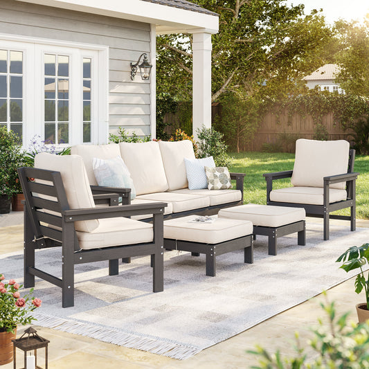Sonkuki HIPS 5 - Piece Outdoor Sofa Set, All - Weather Patio Furniture Set with 3.9 Inch Thick Detachable Cushions, Wood - Like Outdoor Sectional with Ottoman for Deck, Garden, Lawn - Sonkuki