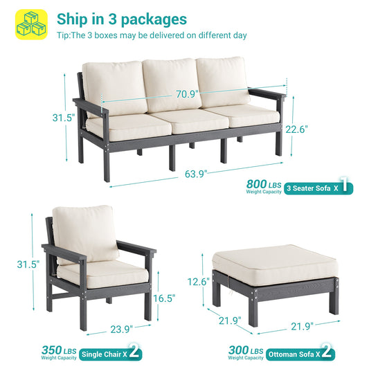 Sonkuki HIPS 5 - Piece Outdoor Sofa Set, All - Weather Patio Furniture Set with 3.9 Inch Thick Detachable Cushions, Wood - Like Outdoor Sectional with Ottoman for Deck, Garden, Lawn - Sonkuki