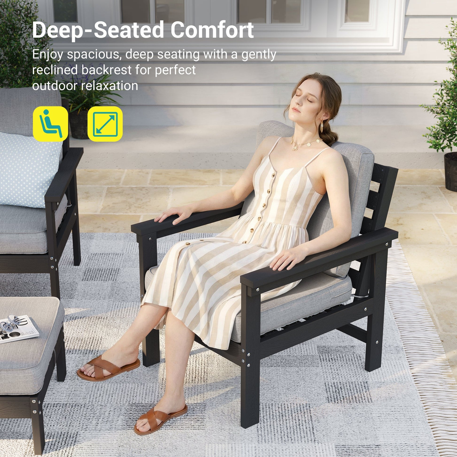 Sonkuki HIPS 5 - Piece Outdoor Sofa Set, All - Weather Patio Furniture Set with 3.9 Inch Thick Detachable Cushions, Wood - Like Outdoor Sectional with Ottoman for Deck, Garden, Lawn - Sonkuki