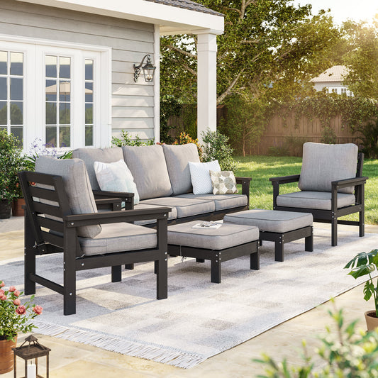 Sonkuki HIPS 5 - Piece Outdoor Sofa Set, All - Weather Patio Furniture Set with 3.9 Inch Thick Detachable Cushions, Wood - Like Outdoor Sectional with Ottoman for Deck, Garden, Lawn - Sonkuki