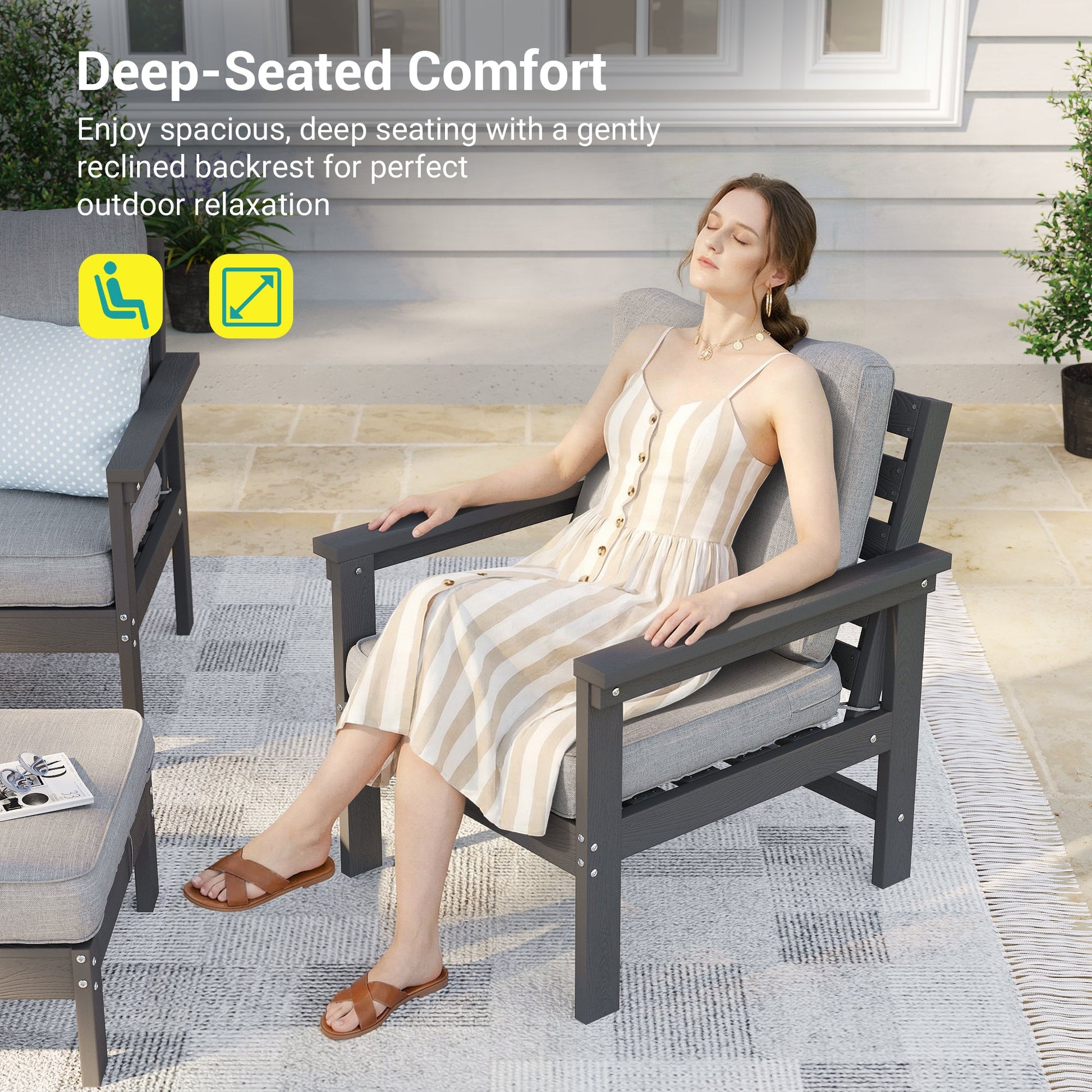 Sonkuki HIPS 5 - Piece Outdoor Sofa Set, All - Weather Patio Furniture Set with 3.9 Inch Thick Detachable Cushions, Wood - Like Outdoor Sectional with Ottoman for Deck, Garden, Lawn - Sonkuki