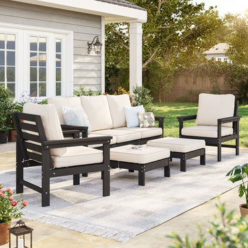 Sonkuki HIPS 5 - Piece Outdoor Sofa Set, All - Weather Patio Furniture Set with 3.9 Inch Thick Detachable Cushions, Wood - Like Outdoor Sectional with Ottoman for Deck, Garden, Lawn - Sonkuki