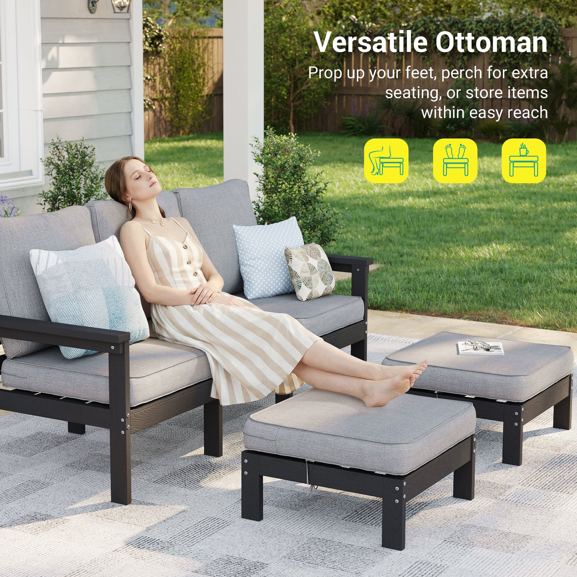 Sonkuki HIPS 5 - Piece Outdoor Sofa Set, All - Weather Patio Furniture Set with 3.9 Inch Thick Detachable Cushions, Wood - Like Outdoor Sectional with Ottoman for Deck, Garden, Lawn - Sonkuki