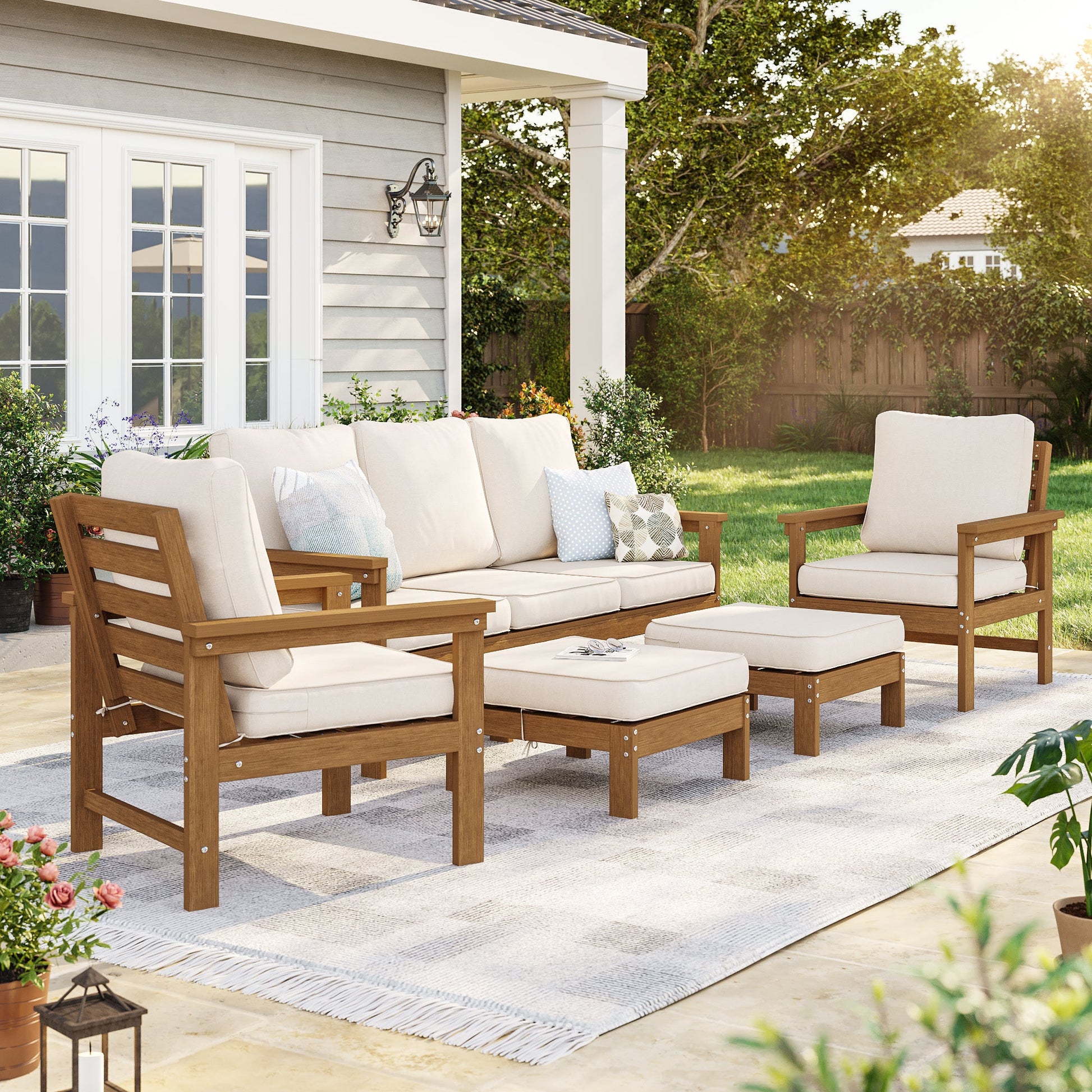 Sonkuki HIPS 5 - Piece Outdoor Sofa Set, All - Weather Patio Furniture Set with 3.9 Inch Thick Detachable Cushions, Wood - Like Outdoor Sectional with Ottoman for Deck, Garden, Lawn - Sonkuki