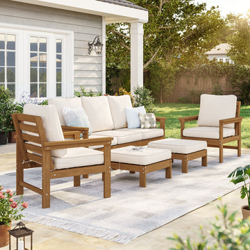 Sonkuki HIPS 5 - Piece Outdoor Sofa Set, All - Weather Patio Furniture Set with 3.9 Inch Thick Detachable Cushions, Wood - Like Outdoor Sectional with Ottoman for Deck, Garden, Lawn - Sonkuki