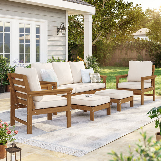 Sonkuki HIPS 5 - Piece Outdoor Sofa Set, All - Weather Patio Furniture Set with 3.9 Inch Thick Detachable Cushions, Wood - Like Outdoor Sectional with Ottoman for Deck, Garden, Lawn - Sonkuki