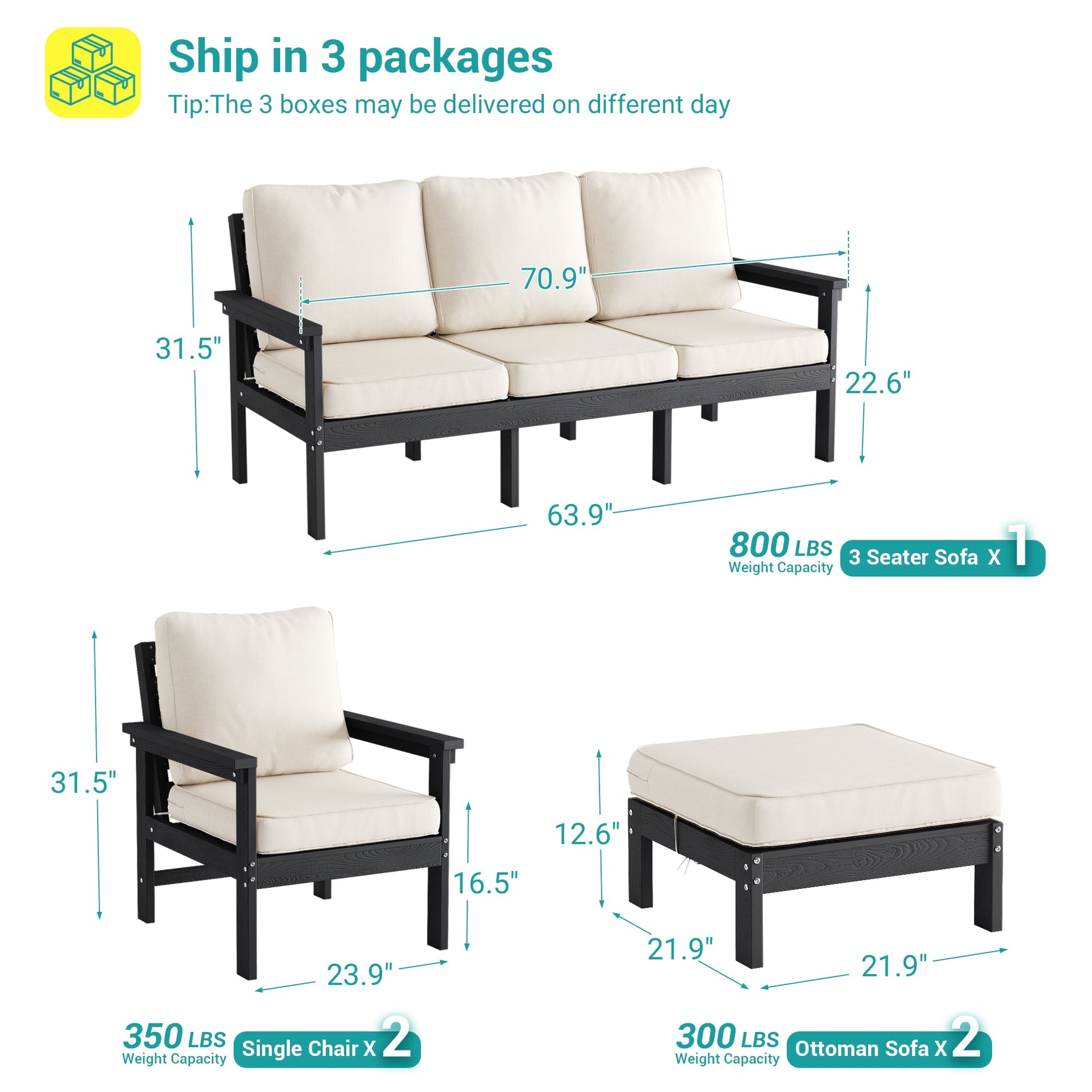 Sonkuki HIPS 5 - Piece Outdoor Sofa Set, All - Weather Patio Furniture Set with 3.9 Inch Thick Detachable Cushions, Wood - Like Outdoor Sectional with Ottoman for Deck, Garden, Lawn - Sonkuki