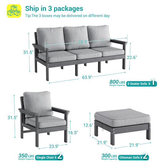 Sonkuki HIPS 5 - Piece Outdoor Sofa Set, All - Weather Patio Furniture Set with 3.9 Inch Thick Detachable Cushions, Wood - Like Outdoor Sectional with Ottoman for Deck, Garden, Lawn - Sonkuki