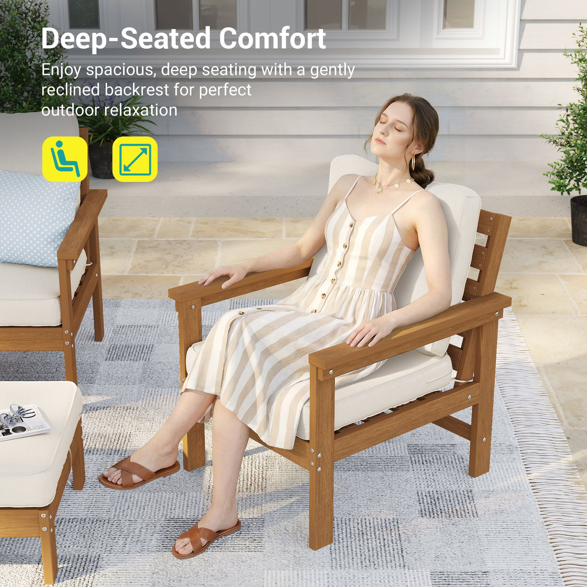 Sonkuki HIPS 5 - Piece Outdoor Sofa Set, All - Weather Patio Furniture Set with 3.9 Inch Thick Detachable Cushions, Wood - Like Outdoor Sectional with Ottoman for Deck, Garden, Lawn - Sonkuki