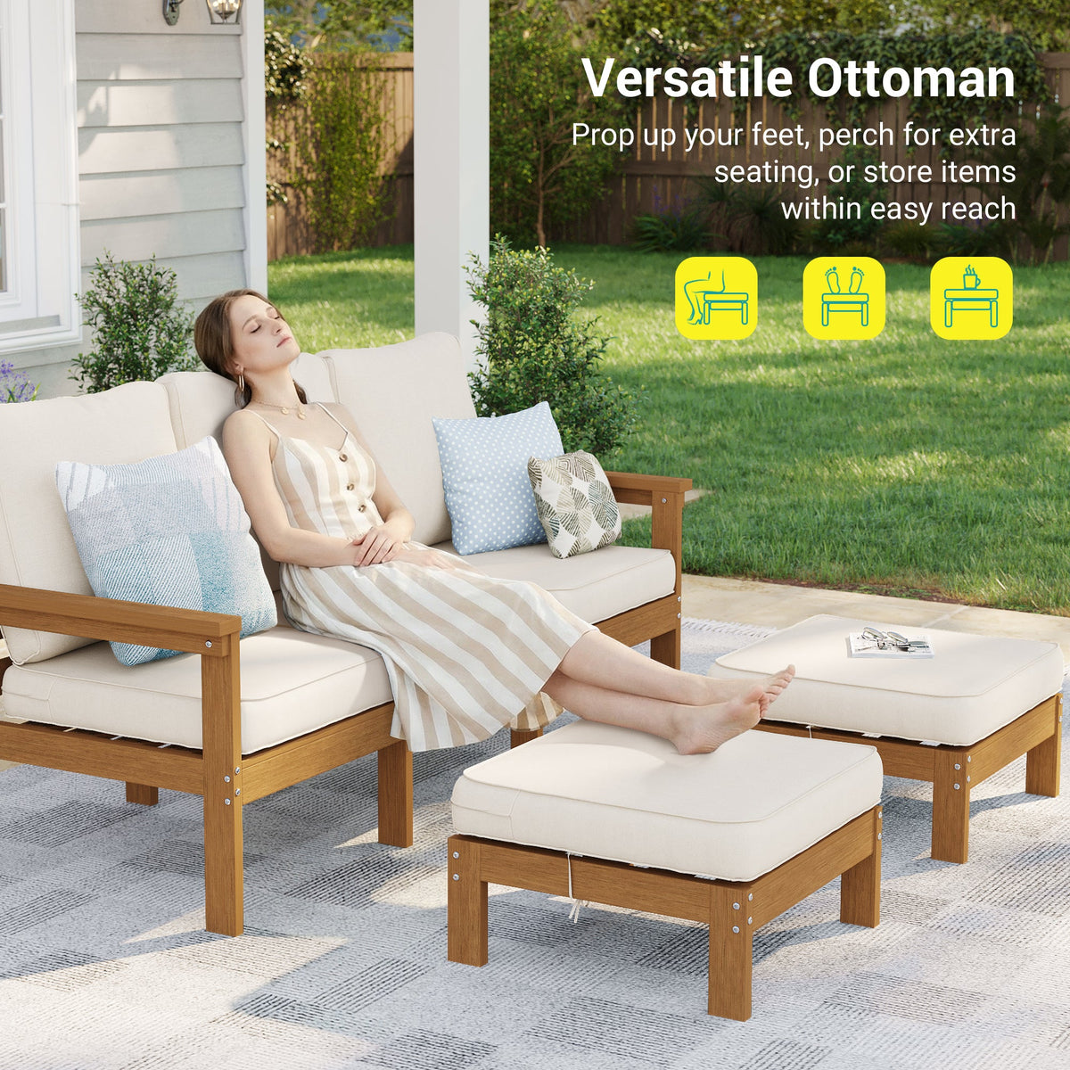Sonkuki HIPS 5 - Piece Outdoor Sofa Set, All - Weather Patio Furniture Set with 3.9 Inch Thick Detachable Cushions, Wood - Like Outdoor Sectional with Ottoman for Deck, Garden, Lawn - Sonkuki