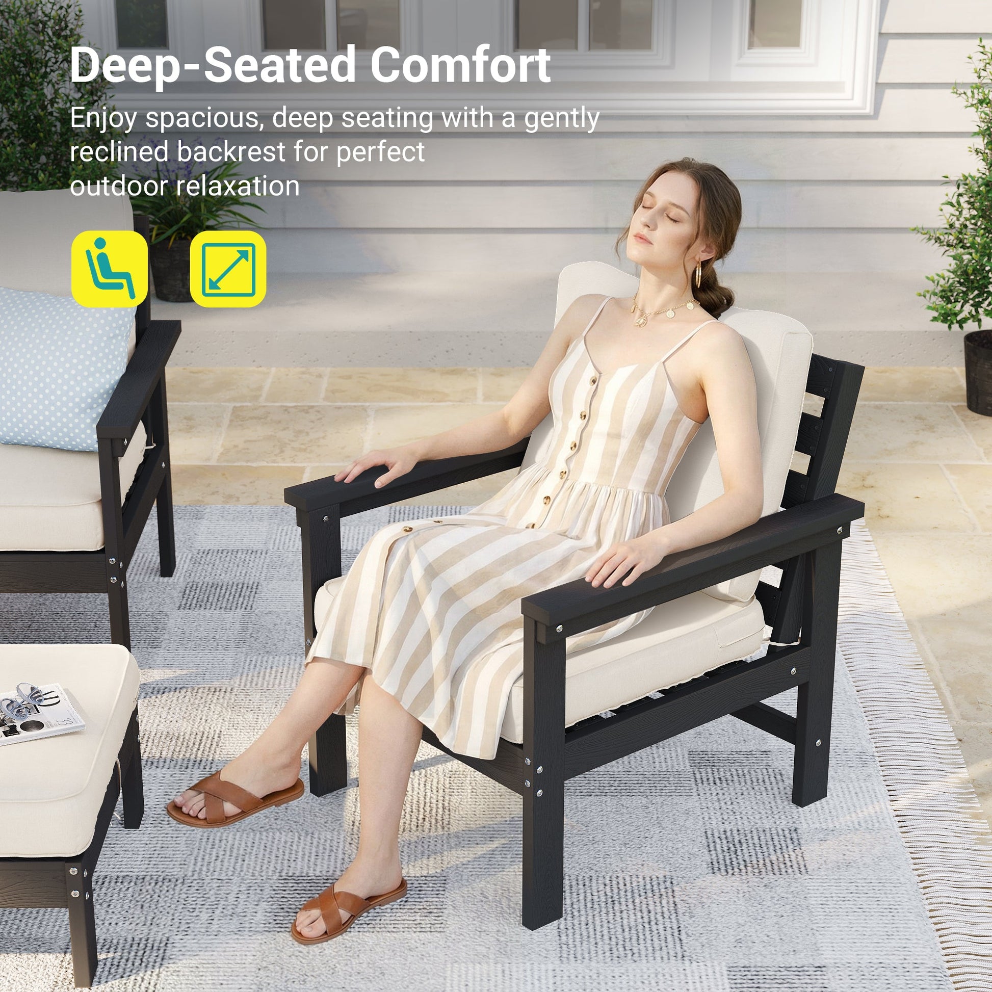 Sonkuki HIPS 5 - Piece Outdoor Sofa Set, All - Weather Patio Furniture Set with 3.9 Inch Thick Detachable Cushions, Wood - Like Outdoor Sectional with Ottoman for Deck, Garden, Lawn - Sonkuki
