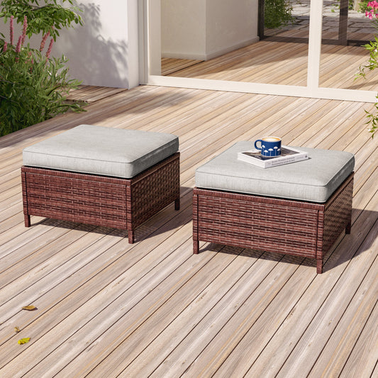SONKUKI Outdoor Patio Ottoman PE Rattan Footstool All Weather Outdoor, Wicker Rattan Outdoor Ottomans Footrest Seat with Removable Cushion - Sonkuki