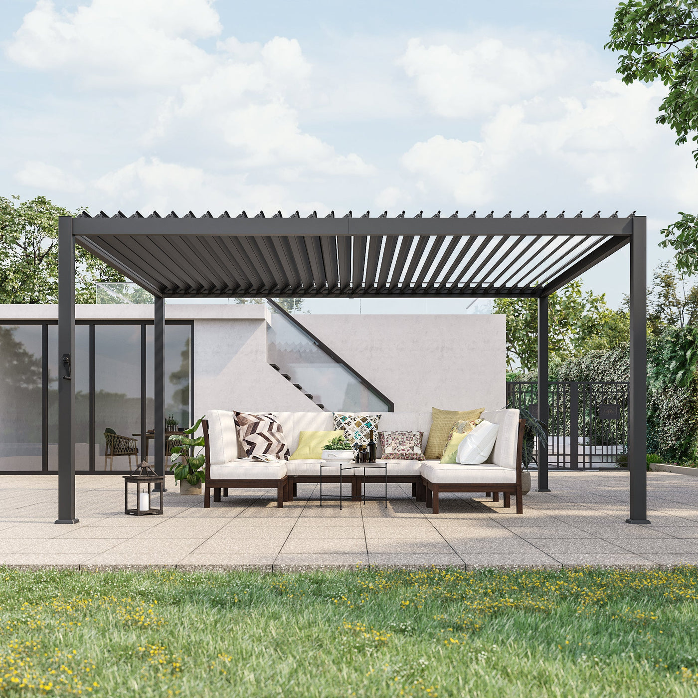 Sonkuki Patio Louvered Pergola 12x14Ft, Outdoor Metal Pergola with Adjustable Roof and Integrated Drainage System, Easy Assembly Patio Pergola for Patio, Deck, Porch, Yard - Sonkuki