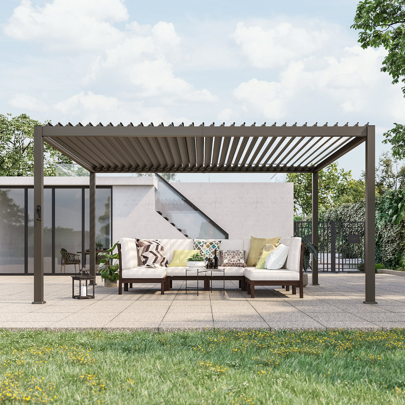 Sonkuki Patio Louvered Pergola 12x14Ft, Outdoor Metal Pergola with Adjustable Roof and Integrated Drainage System, Easy Assembly Patio Pergola for Patio, Deck, Porch, Yard - Sonkuki