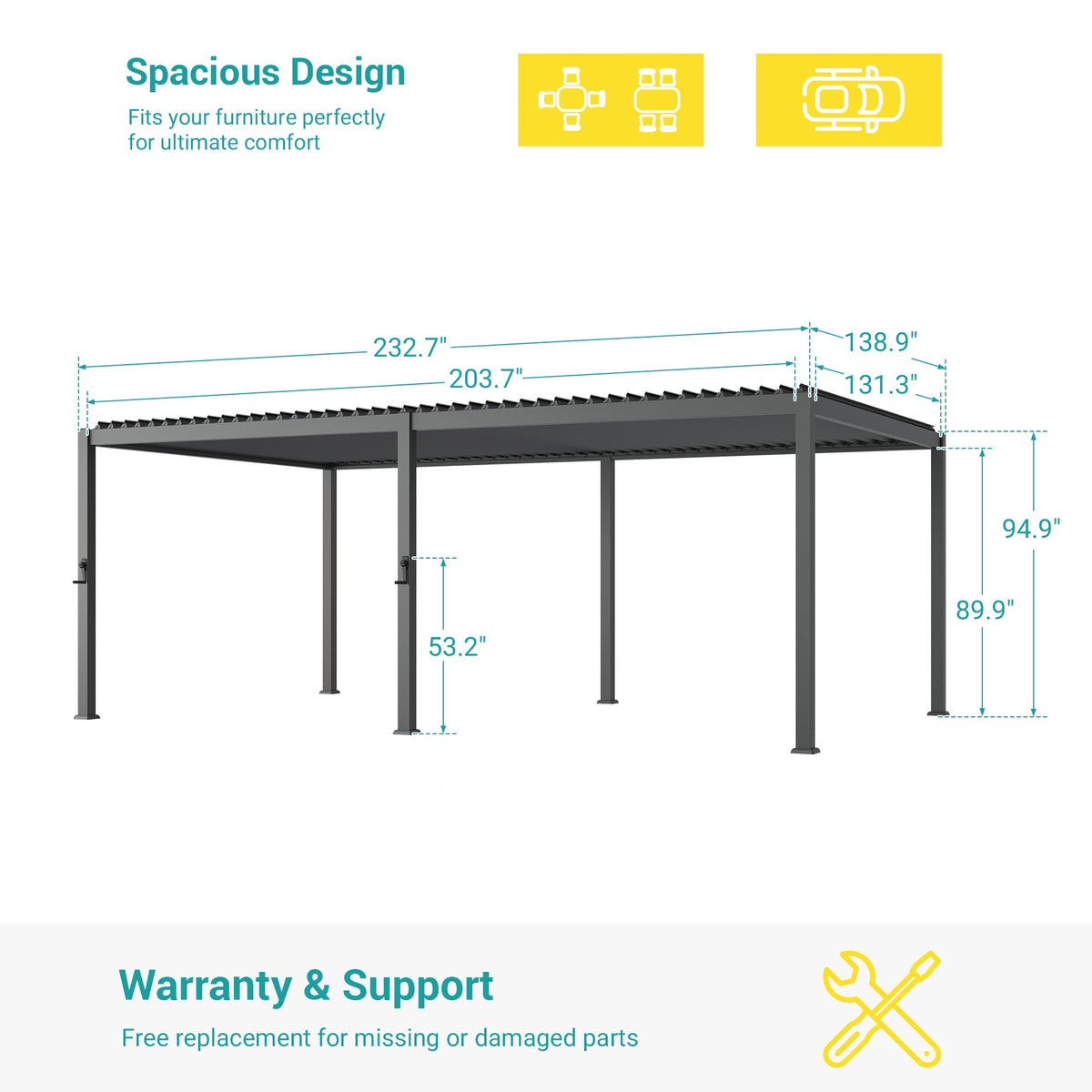 Sonkuki Patio Louvered Pergola 12x20Ft, Outdoor Metal Pergola with Adjustable Roof and Integrated Drainage System, Easy Assembly Patio Pergola for Patio, Deck, Porch, Yard - Sonkuki