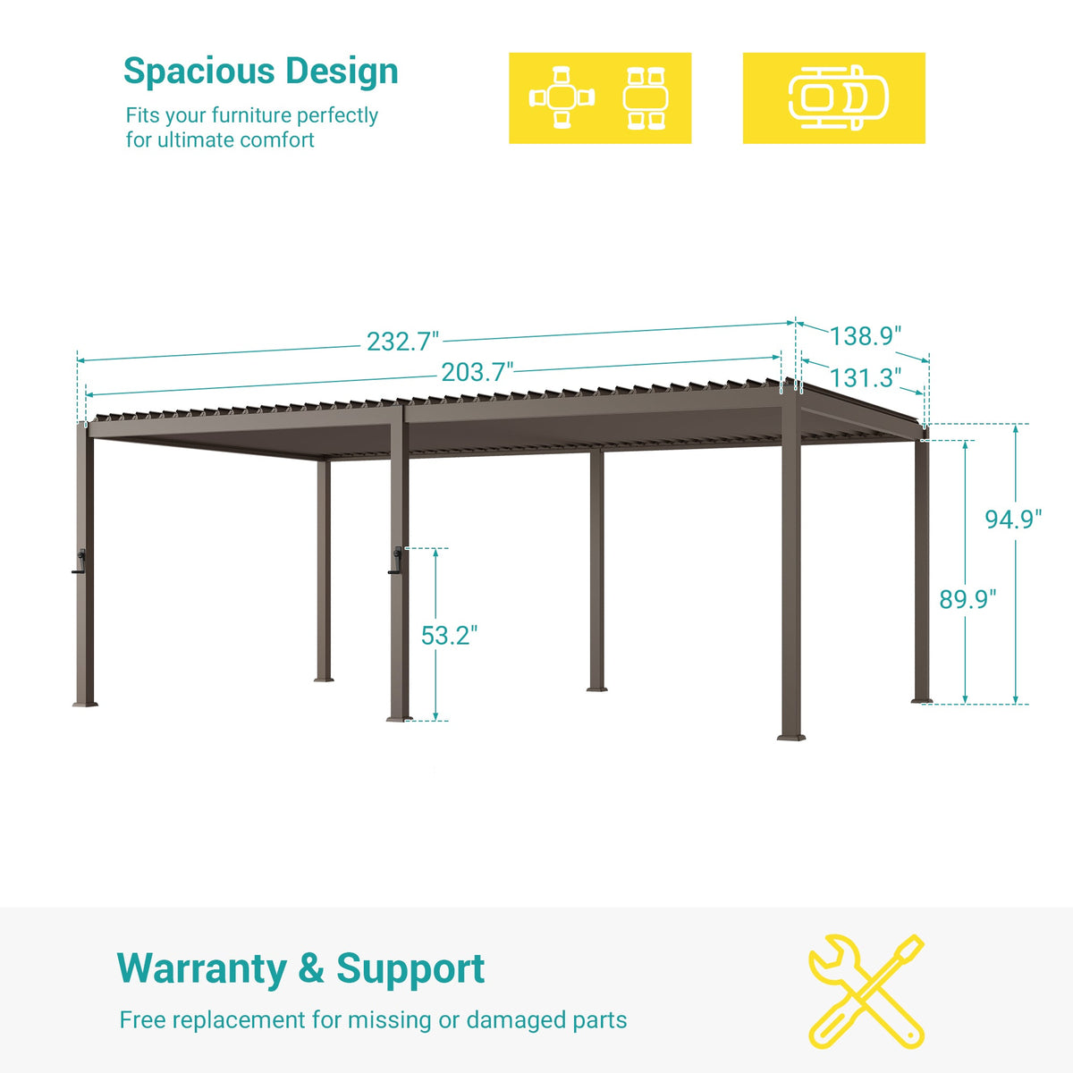 Sonkuki Patio Louvered Pergola 12x20Ft, Outdoor Metal Pergola with Adjustable Roof and Integrated Drainage System, Easy Assembly Patio Pergola for Patio, Deck, Porch, Yard - Sonkuki