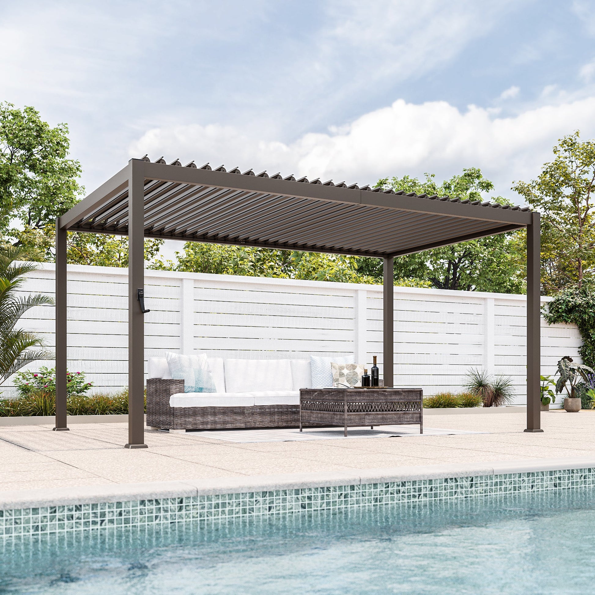 Sonkuki Patio Louvered Pergola 9x14Ft, Outdoor Metal Pergola with Adjustable Roof and Integrated Drainage System, Easy Assembly Patio Pergola for Patio, Deck, Porch, Yard - Sonkuki